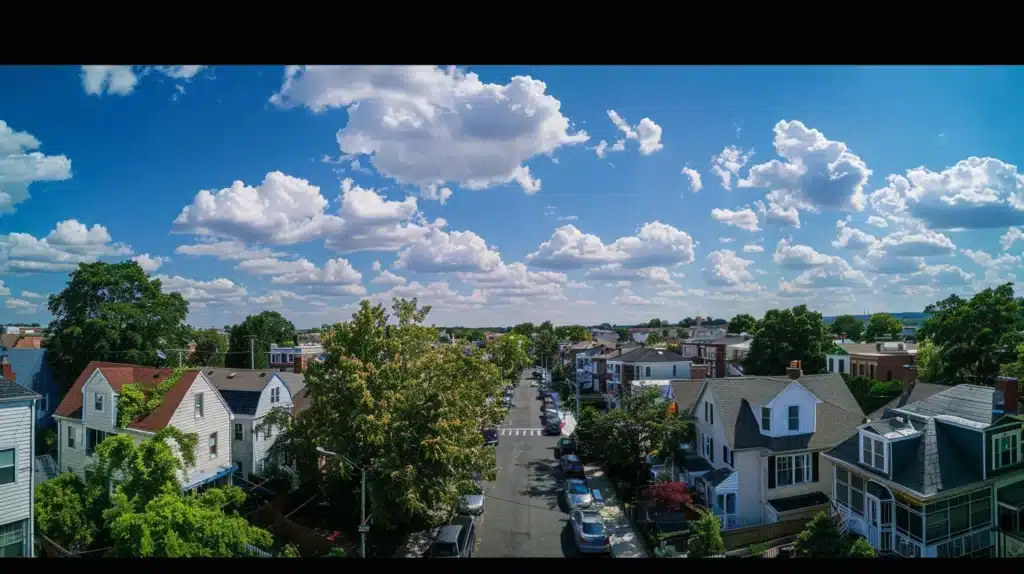 a panoramic view of a charming newark neighborhood, showcasing well-maintained properties with