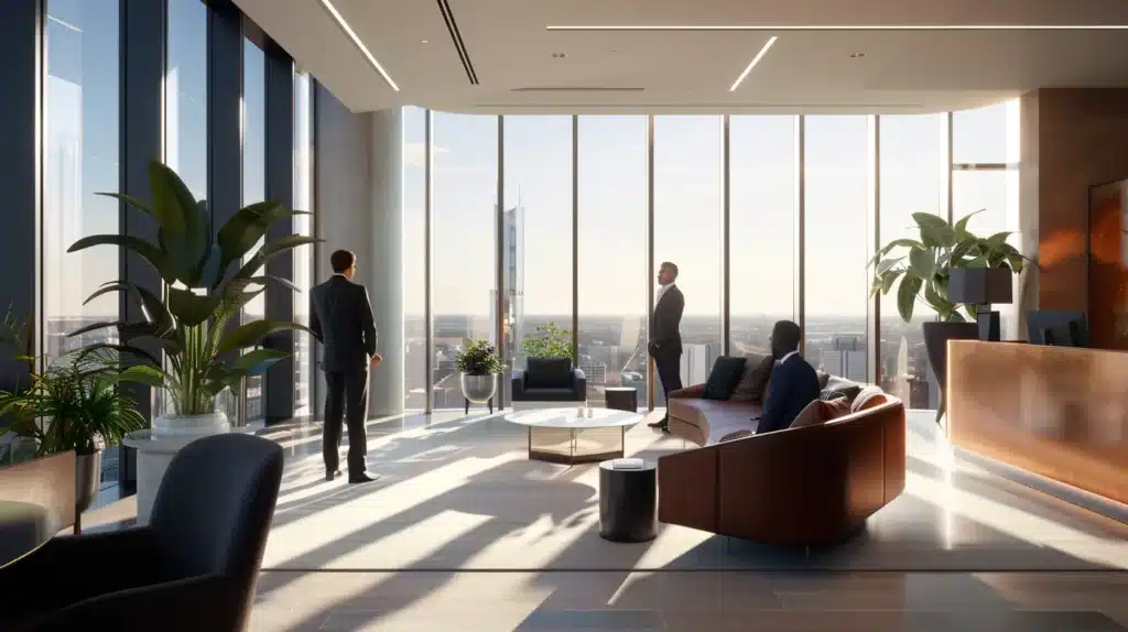 a smartly dressed property owner confidently engages in a discussion with a professional property manager in a contemporary office setting, surrounded by vibrant cityscapes of newark visible through large windows, highlighting the theme of informed decision-making in property management.