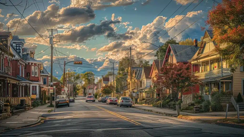 a vibrant street scene in newark, ohio, showcasing a charming neighborhood with well-maintained homes and engaged residents, highlighting the strong community ties fostered by local property management professionals under warm afternoon sunlight.
