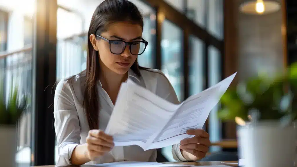 a focused composition of a concerned property manager reviewing tenant applications in a modern office, illuminated by soft natural light streaming through large windows, emphasizing the importance of thorough and compliant tenant screening practices.